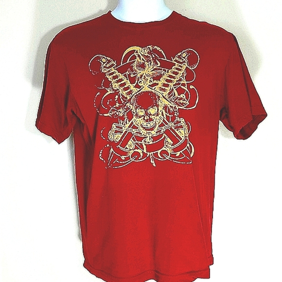 Tshirt Top Mens short sleeve skull and crossbones red 100% cotton EUC - Picture 2 of 5
